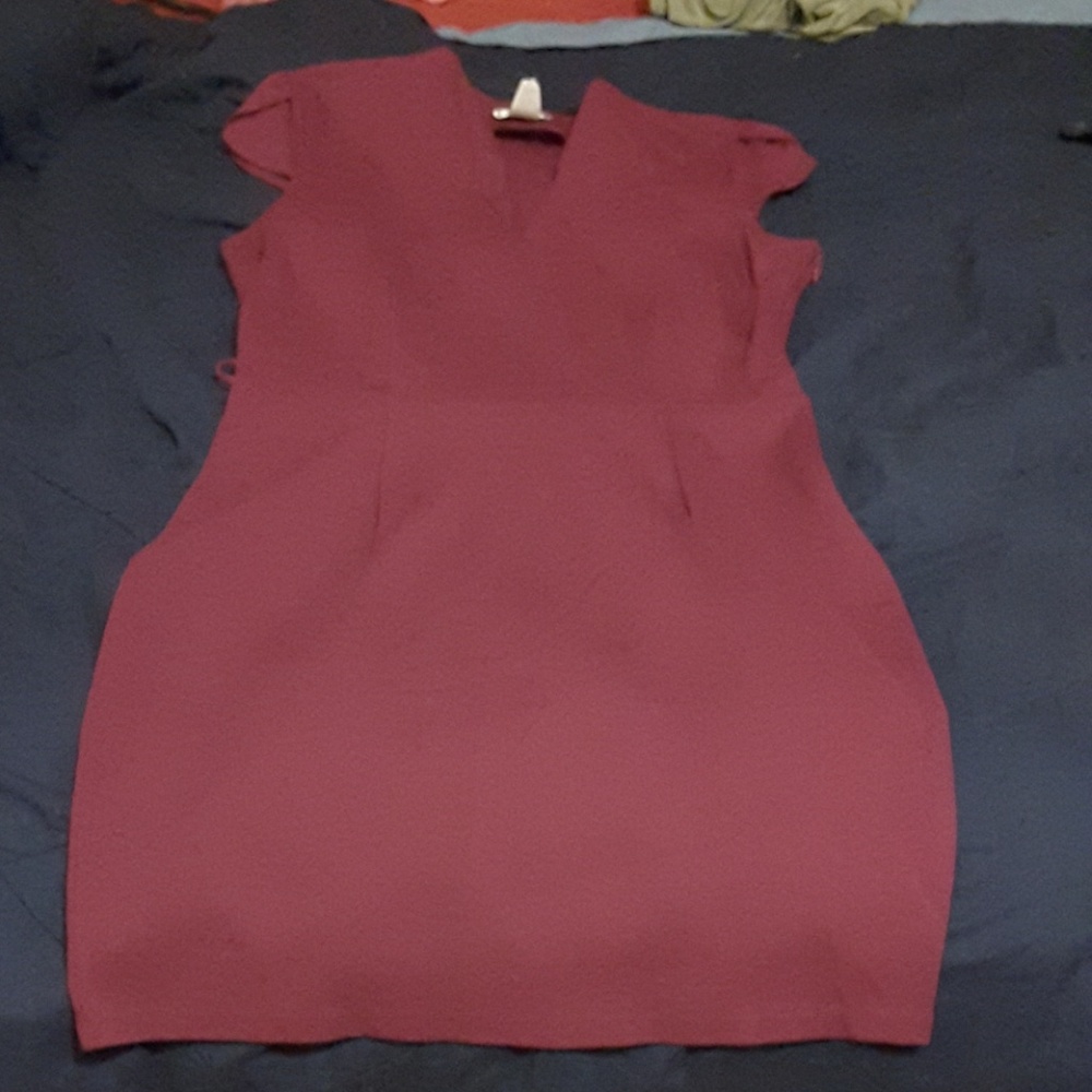 Plum color short sleeve v cut fitted dress